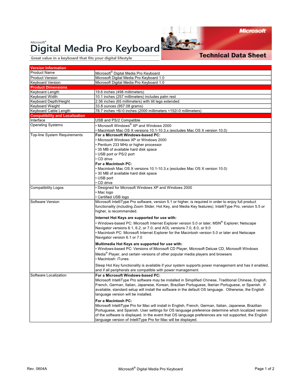 Version Information Product Name Microsoft® Digital Media Pro