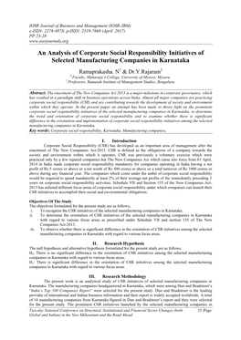 An Analysis of Corporate Social Responsibility Initiatives of Selected Manufacturing Companies in Karnataka
