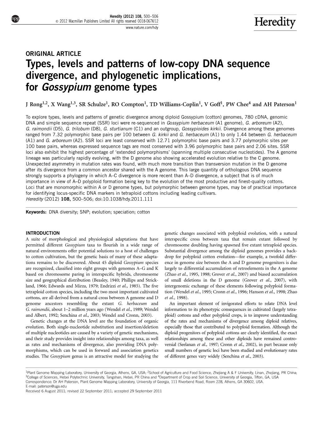 Types, Levels and Patterns of Low-Copy DNA Sequence Divergence, and Phylogenetic Implications, for Gossypium Genome Types