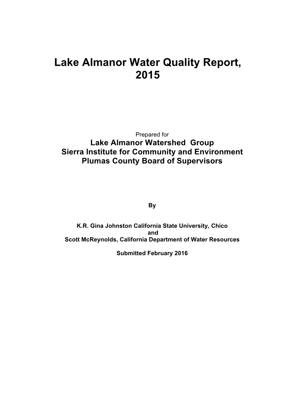 Lake Almanor Water Quality Report, 2015