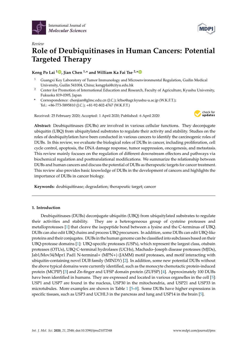 Role of Deubiquitinases in Human Cancers: Potential Targeted Therapy