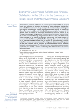 Economic Governance Reform and Financial Stabilization in the EU and in the Eurosystem – Treaty-Based and Intergovernmental Decisions