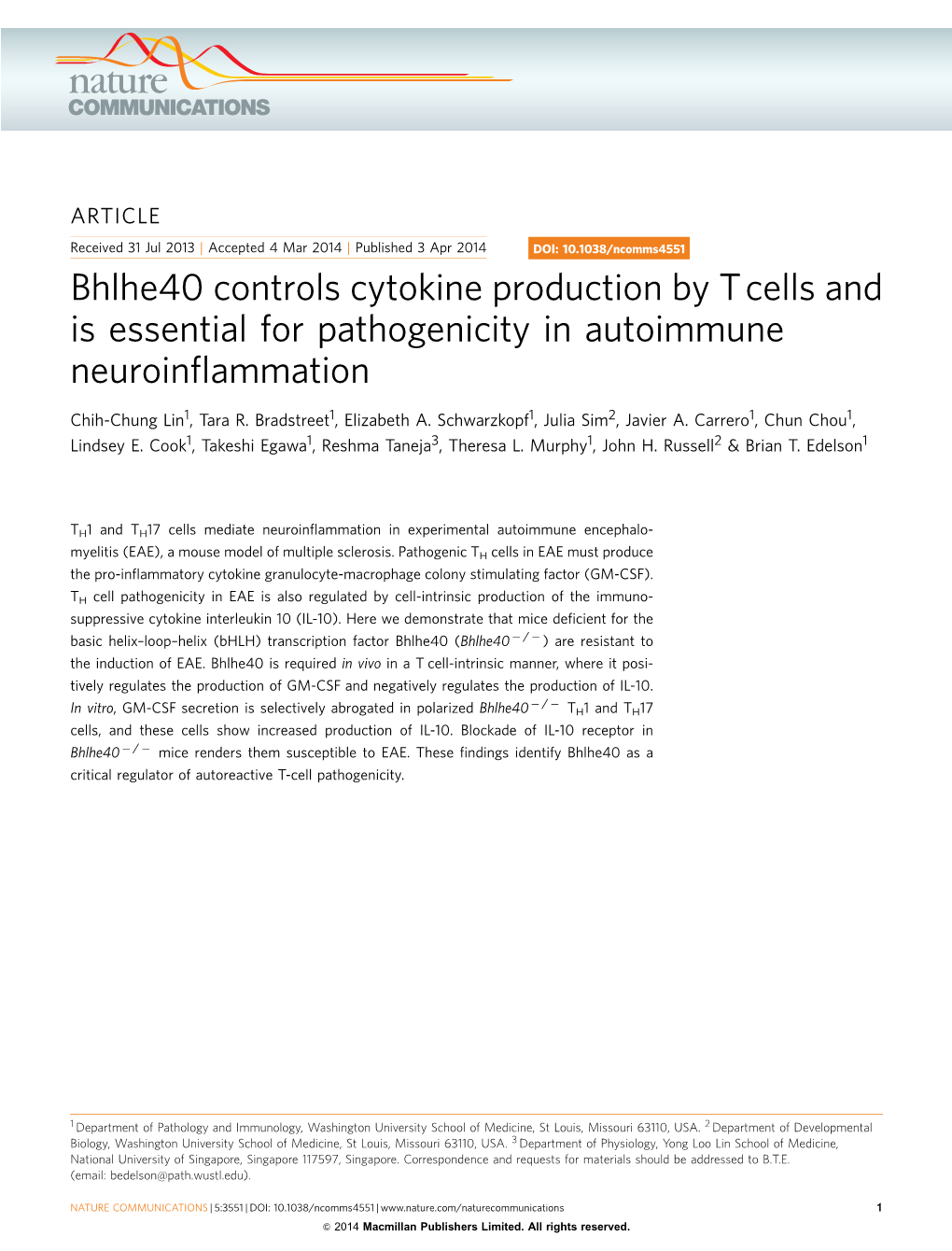 Bhlhe40 Controls Cytokine Production by T Cells and Is Essential for Pathogenicity in Autoimmune Neuroinflammation