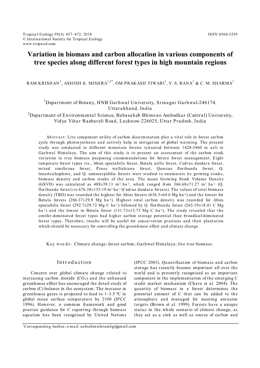 Variation in Biomass and Carbon Allocation in Various Components of Tree Species Along Different Forest Types in High Mountain Regions