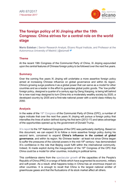 The Foreign Policy of Xi Jinping After the 19Th Congress: China Strives for a Central Role on the World Stage