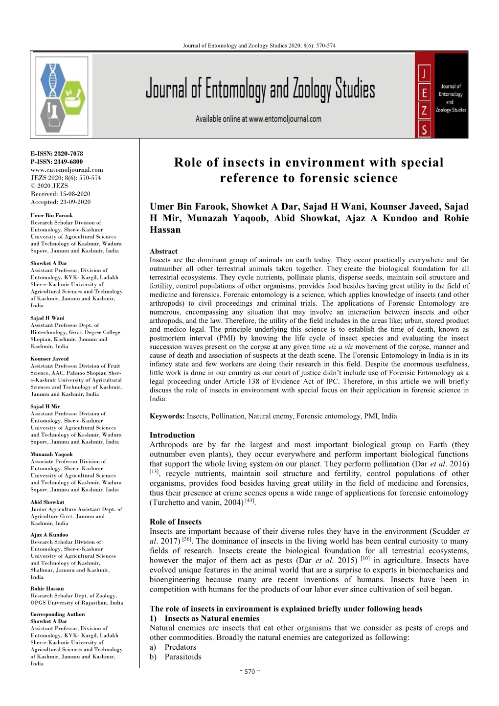 Role of Insects in Environment with Special Reference to Forensic Science