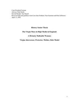 History Senior Thesis the Virgin Mary in High Medieval England