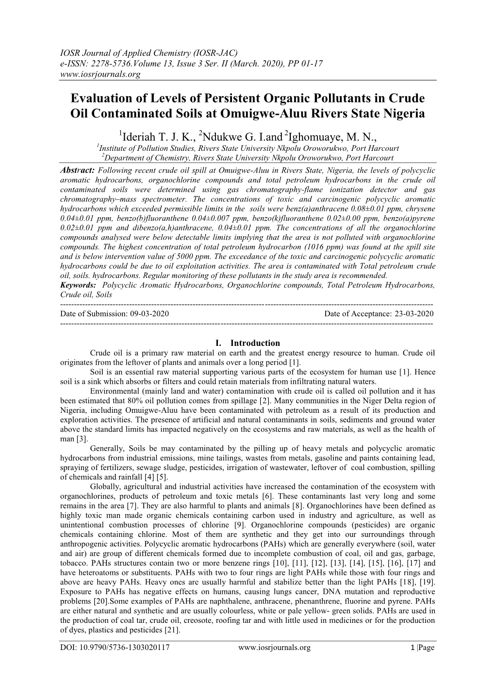 Evaluation of Levels of Persistent Organic Pollutants in Crude Oil Contaminated Soils at Omuigwe-Aluu Rivers State Nigeria