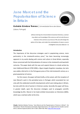 Jane Marcet and the Popularisation of Science in Britain Ensaio