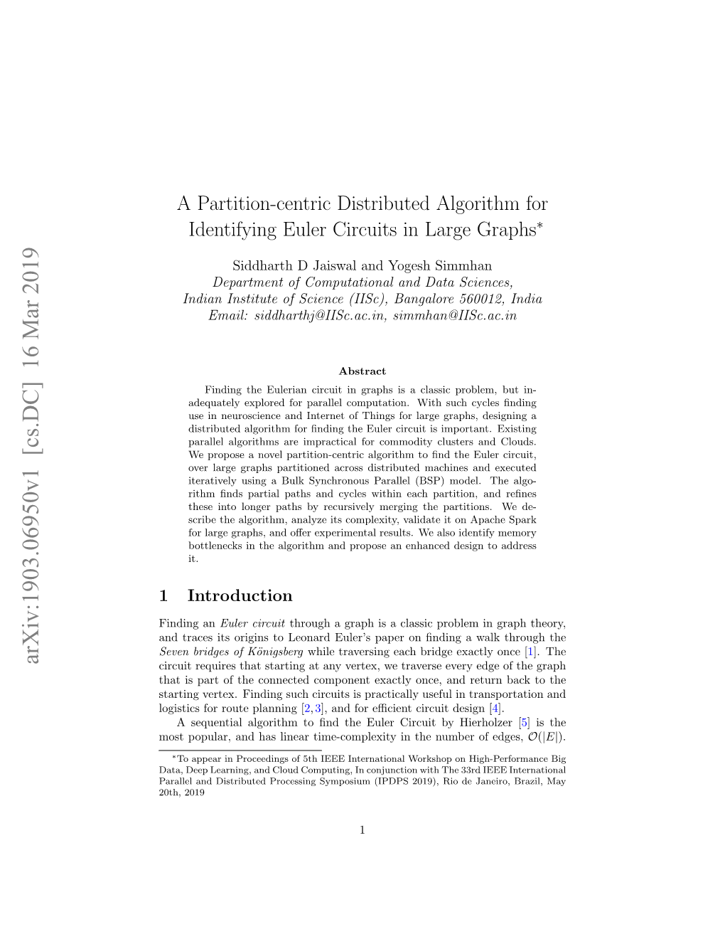 A Partition-Centric Distributed Algorithm for Identifying Euler Circuits in Large Graphs∗