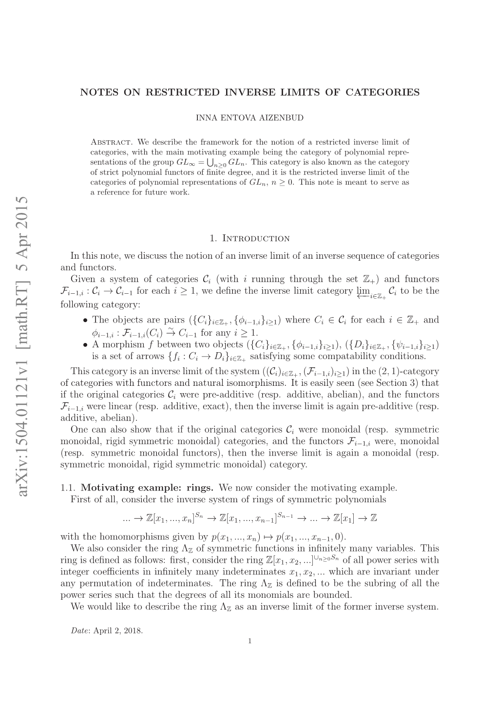 Notes on Restricted Inverse Limits of Categories