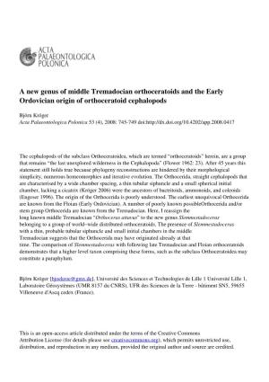 A New Genus of Middle Tremadocian Orthoceratoids and the Early Ordovician Origin of Orthoceratoid Cephalopods