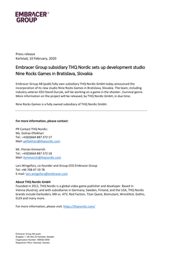 Embracer Group Subsidiary THQ Nordic Sets up Development Studio Nine Rocks Games in Bratislava, Slovakia