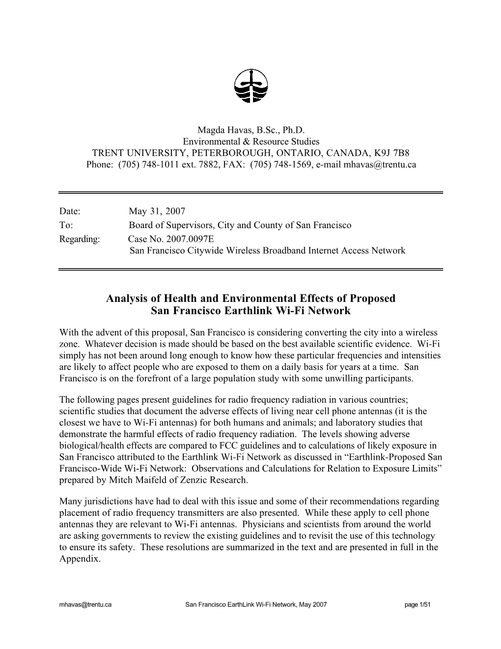 Analysis of Health and Environmental Effects of Proposed San Francisco Earthlink Wi-Fi Network