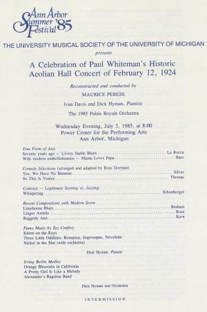 A Celebration of Paul Whiteman's Historic Aeolian Hall Concert of February 12, 1924