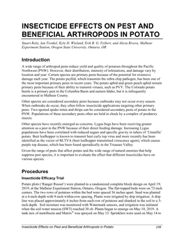 INSECTICIDE EFFECTS on PEST and BENEFICIAL ARTHROPODS in POTATO Stuart Reitz, Ian Trenkel, Kyle D