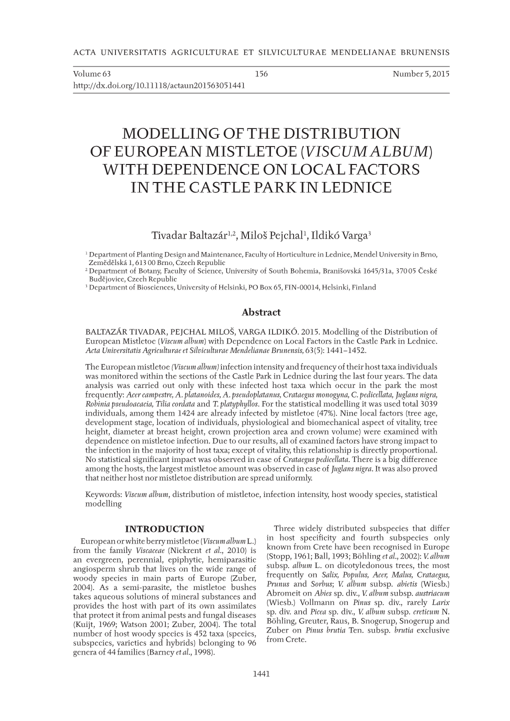 Modelling of the Distribution of European Mistletoe (Viscum Album) with Dependence on Local Factors in the Castle Park in Lednice