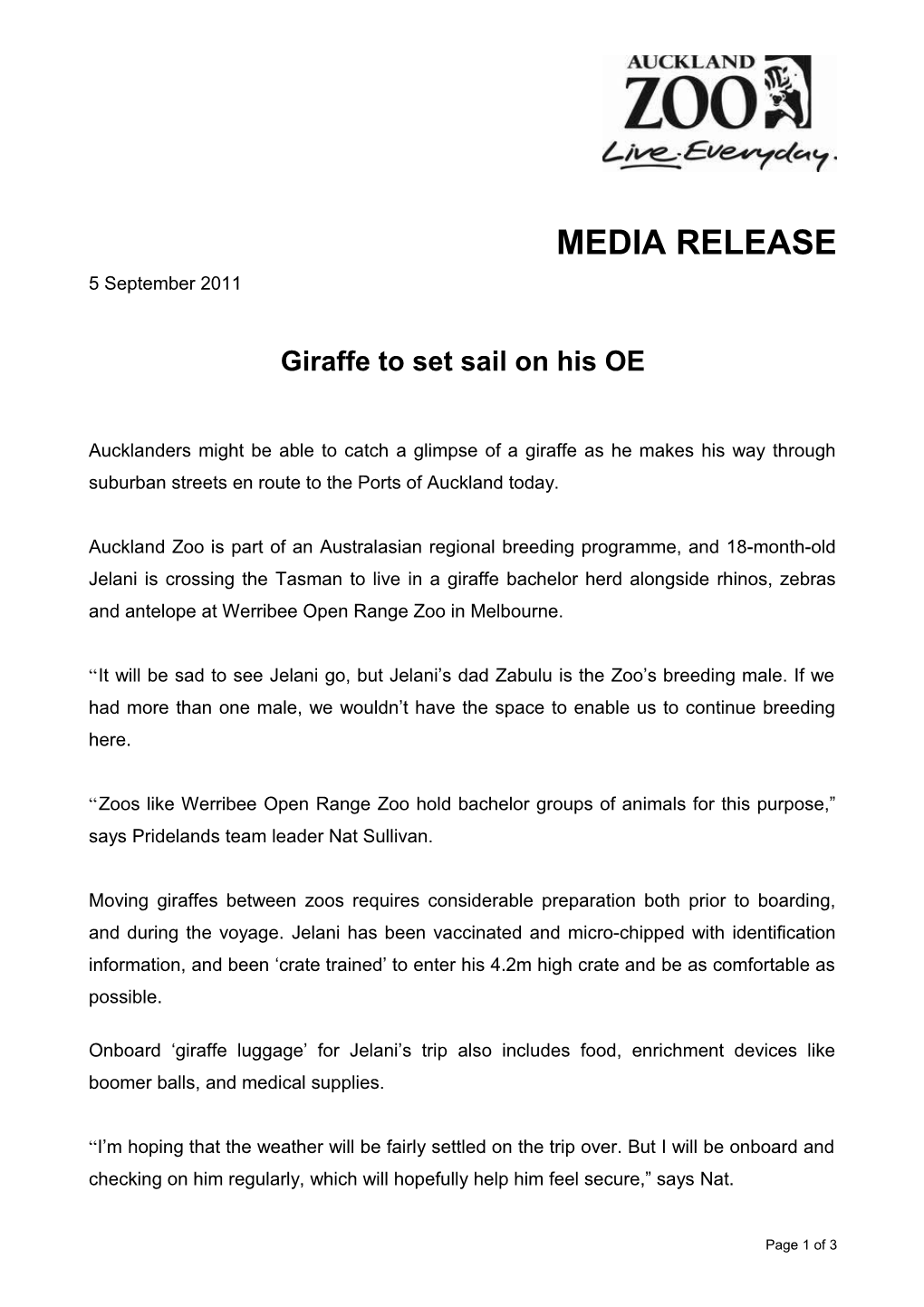 Giraffe to Set Sail on His OE