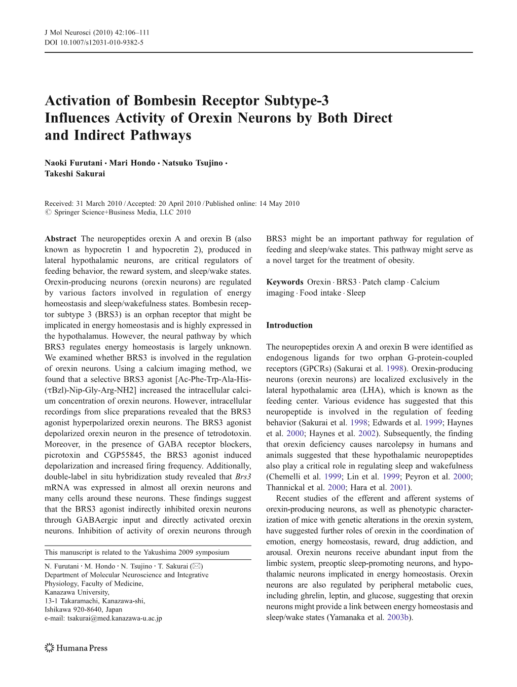 Activation of Bombesin Receptor Subtype-3 Influences Activity of Orexin Neurons by Both Direct and Indirect Pathways