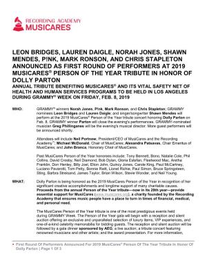 Leon Bridges, Lauren Daigle, Norah Jones, Shawn Mendes, P!Nk, Mark Ronson, and Chris Stapleton Announced As First Round of Perfo