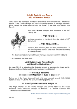 Knight Dyderik Von Runne and His Brother Rodolf Were, Around the Year 1300, Mentioned a Few Times in the Weser March