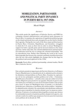 Mobilization, Partisanship, and Political Party Dynamics in Puerto Rico, 1917-1920S