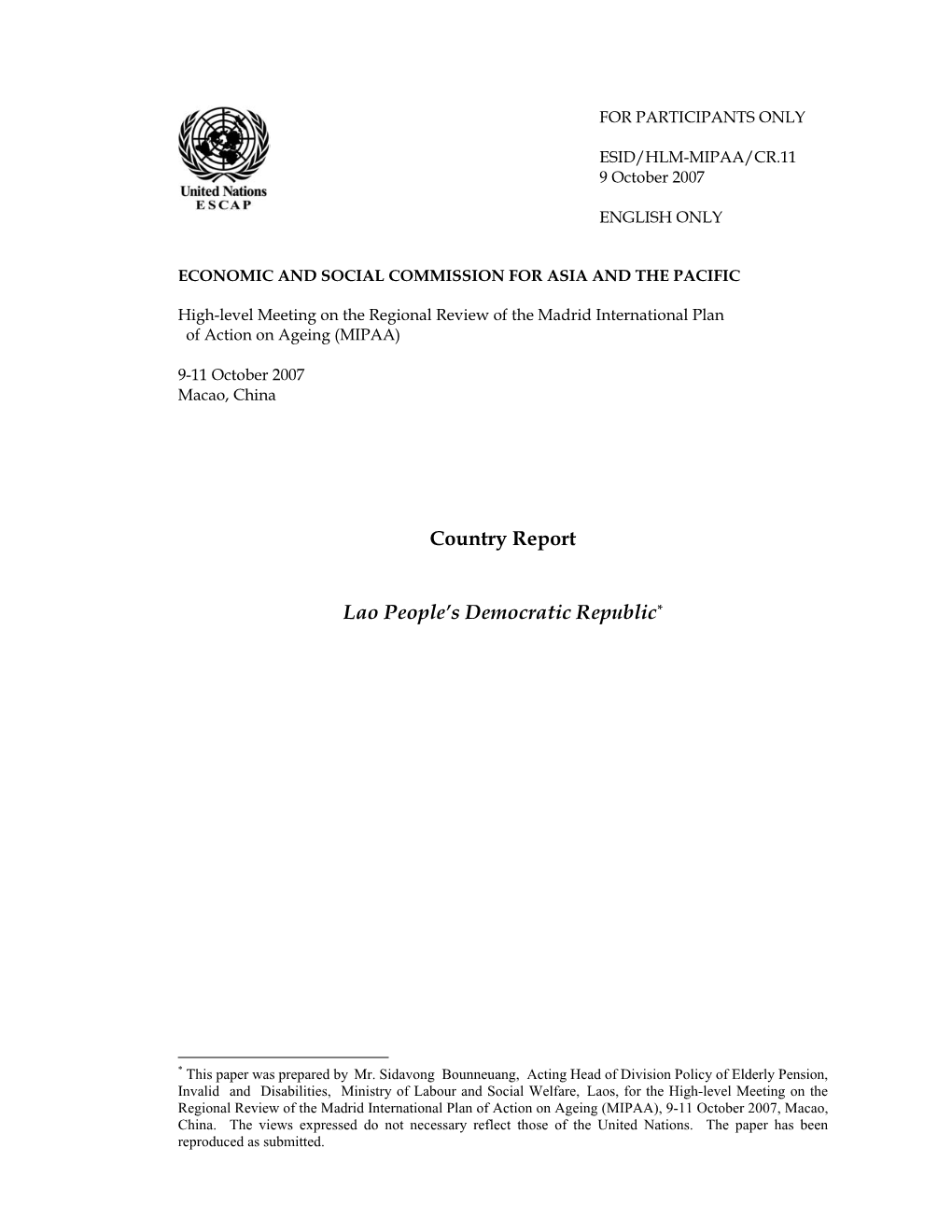 Country Report Lao People's Democratic Republic, High-Level