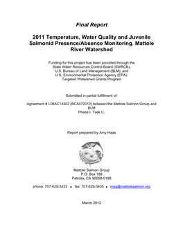 Final Report 2011 Temperature, Water Quality and Juvenile Salmonid