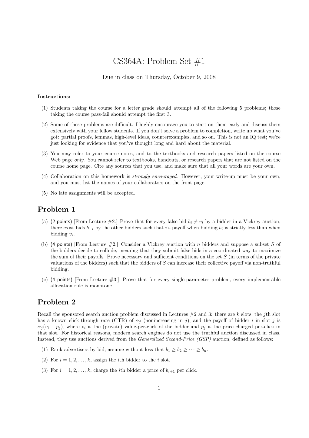 CS364A: Problem Set #1