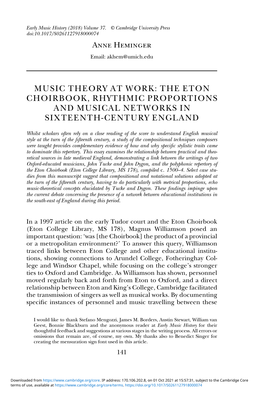 Music Theory at Work: the Eton Choirbook, Rhythmic Proportions and Musical Networks in Sixteenth-Century England