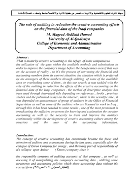 The Role of Auditing in Reduction the Creative Accounting Effects on the Financial Data of the Iraqi Companies