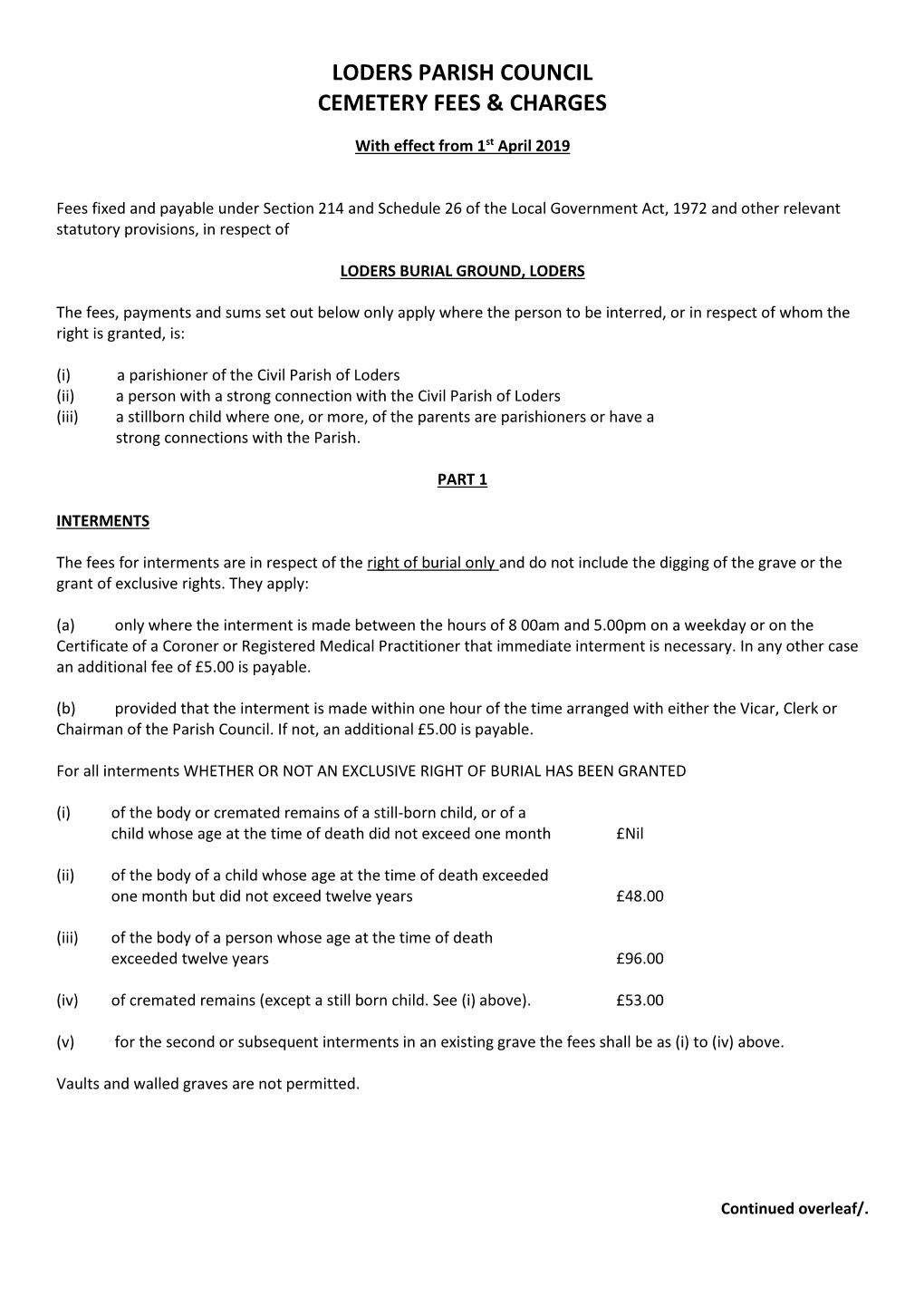 Loders Parish Council Cemetery Fees & Charges