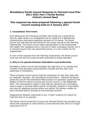 Wendlebury Parish Council Response to Cherwell Local Plan 2011-2031 Part 1 Partial Review Oxford’S Unmet Need