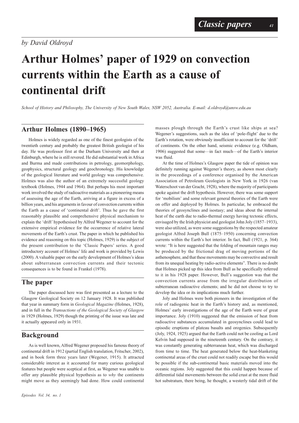 Arthur Holmes' Paper of 1929 on Convection Currents Within the Earth