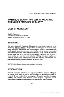 Wanjiru's Search for Self in Ngugi Wa Thiong'o's "Minutes of Glory"