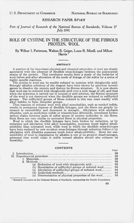 ROLE of CYSTINE in the STRUCTURE of the FIBROUS PROTEIN, WOOL by Wilbur I