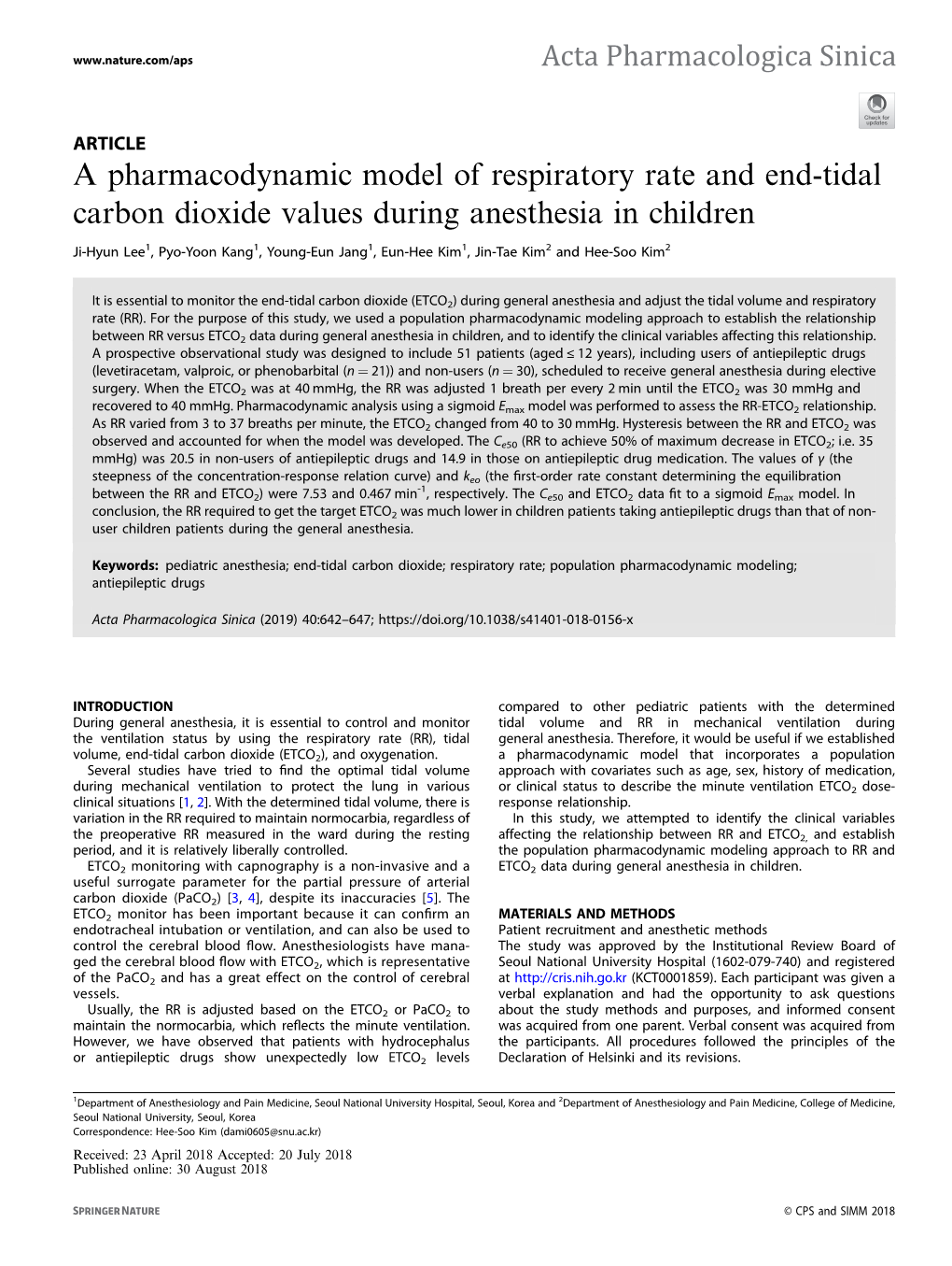 A Pharmacodynamic Model of Respiratory Rate and End-Tidal Carbon Dioxide Values During Anesthesia in Children