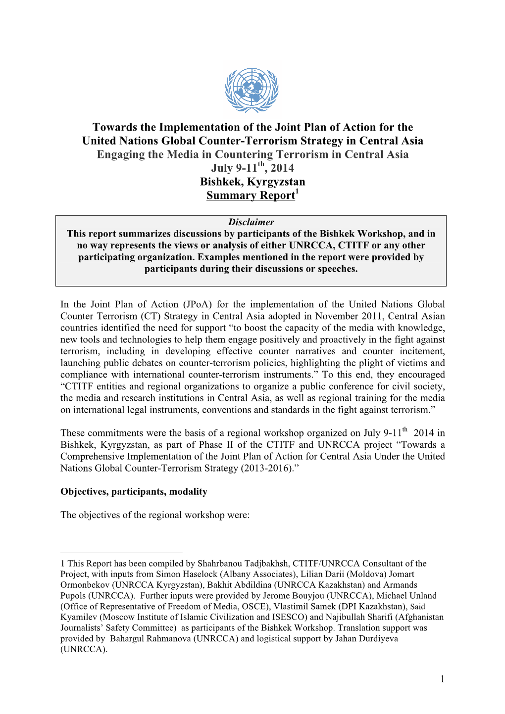 Towards the Implementation of the Joint Plan of Action for the United Nations Global Counter-Terrorism Strategy in Central Asia