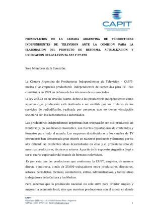 Presentacion De La Camara Argentina De Productoras Independientes De Television Ante La Comision Para La Elaboracion Del Proyect