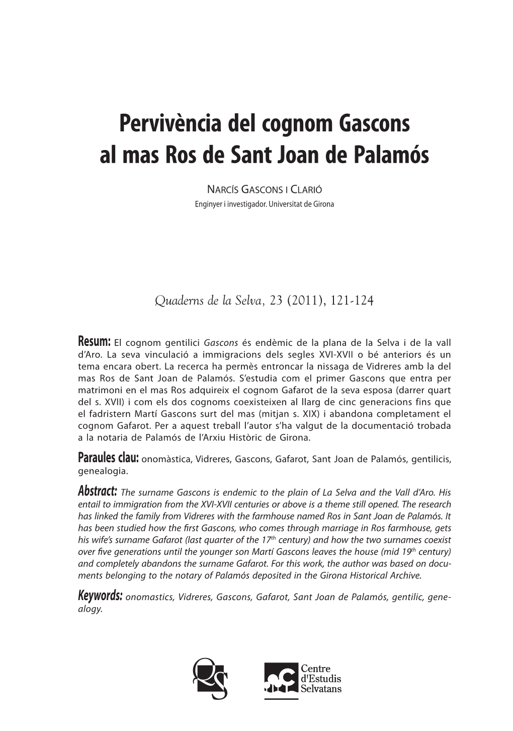 Pervivència Del Cognom Gascons Al Mas Ros De Sant Joan De Palamós