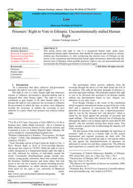 Prisoners‟ Right to Vote in Ethiopia: Unconstitutionally Stalled Human Right Zemenu Tarekegn Yimenu *