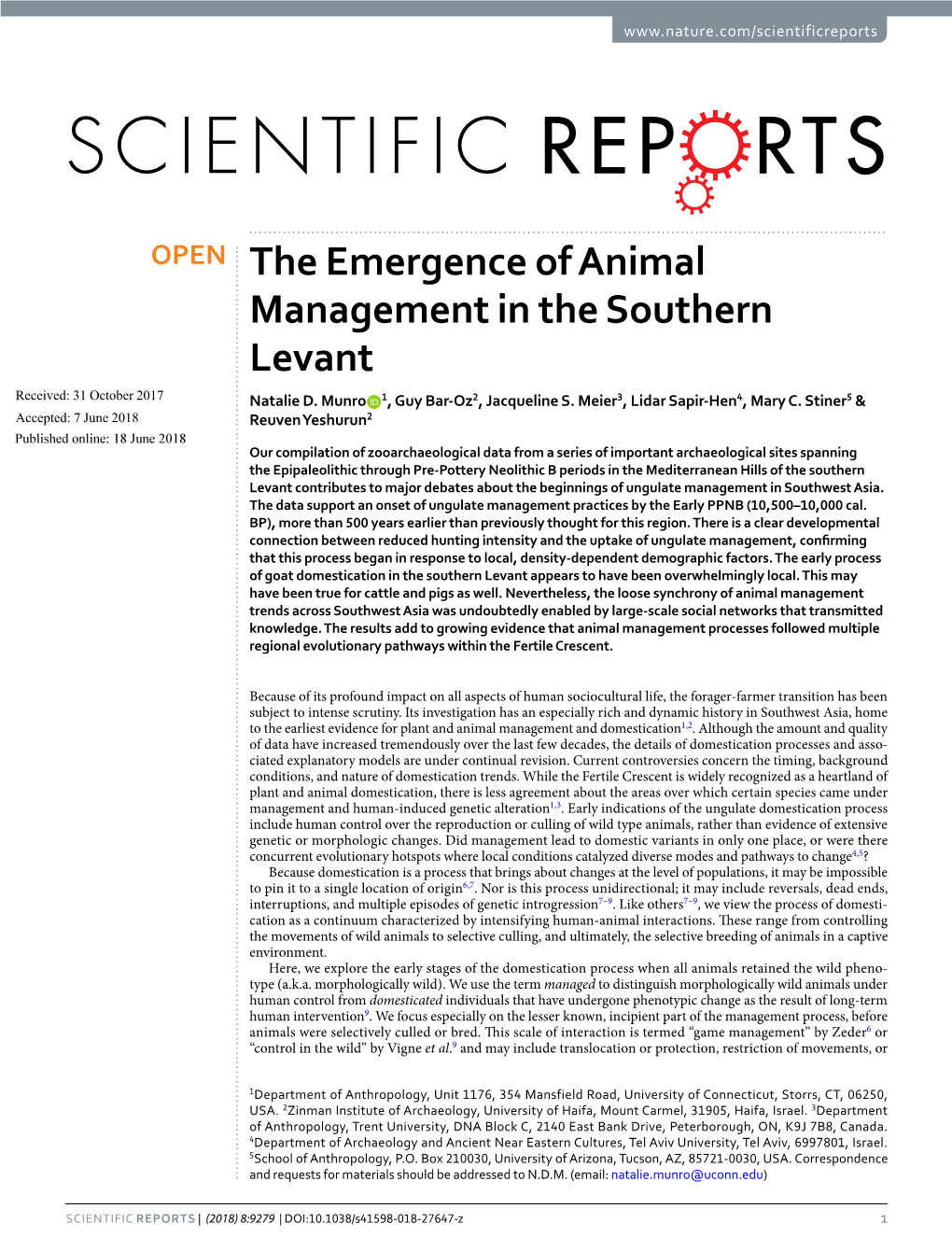 The Emergence of Animal Management in the Southern Levant Received: 31 October 2017 Natalie D