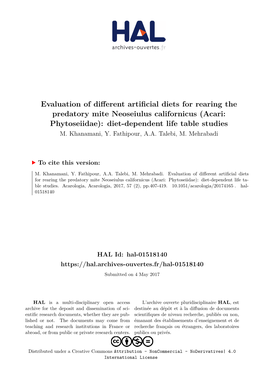 Evaluation of Different Artificial Diets for Rearing the Predatory Mite Neoseiulus Californicus (Acari: Phytoseiidae): Diet-Dependent Life Table Studies M