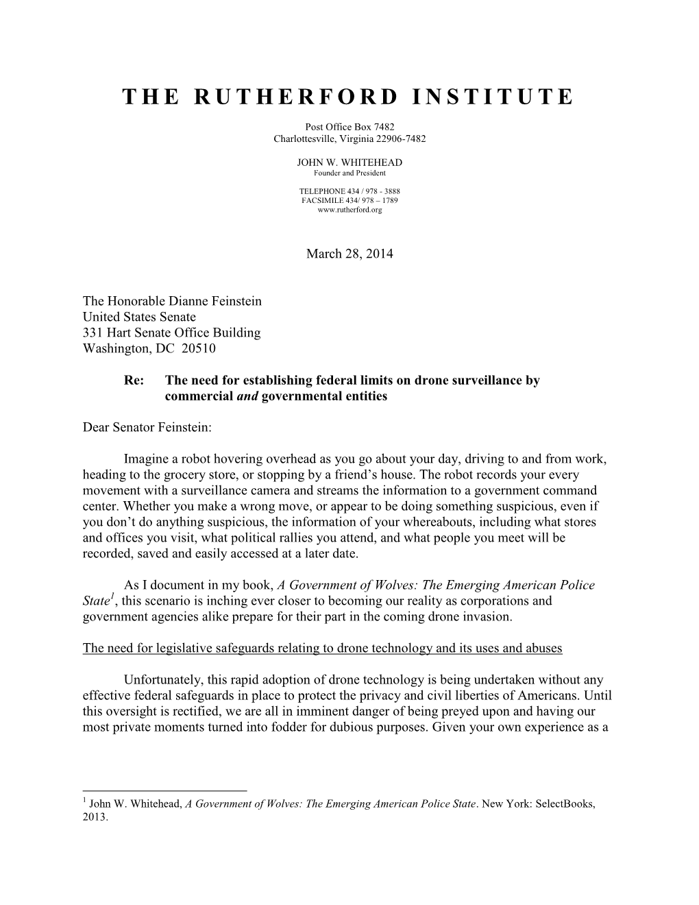 To Read the Rutherford Institute's Letter to Sen. Feinstein