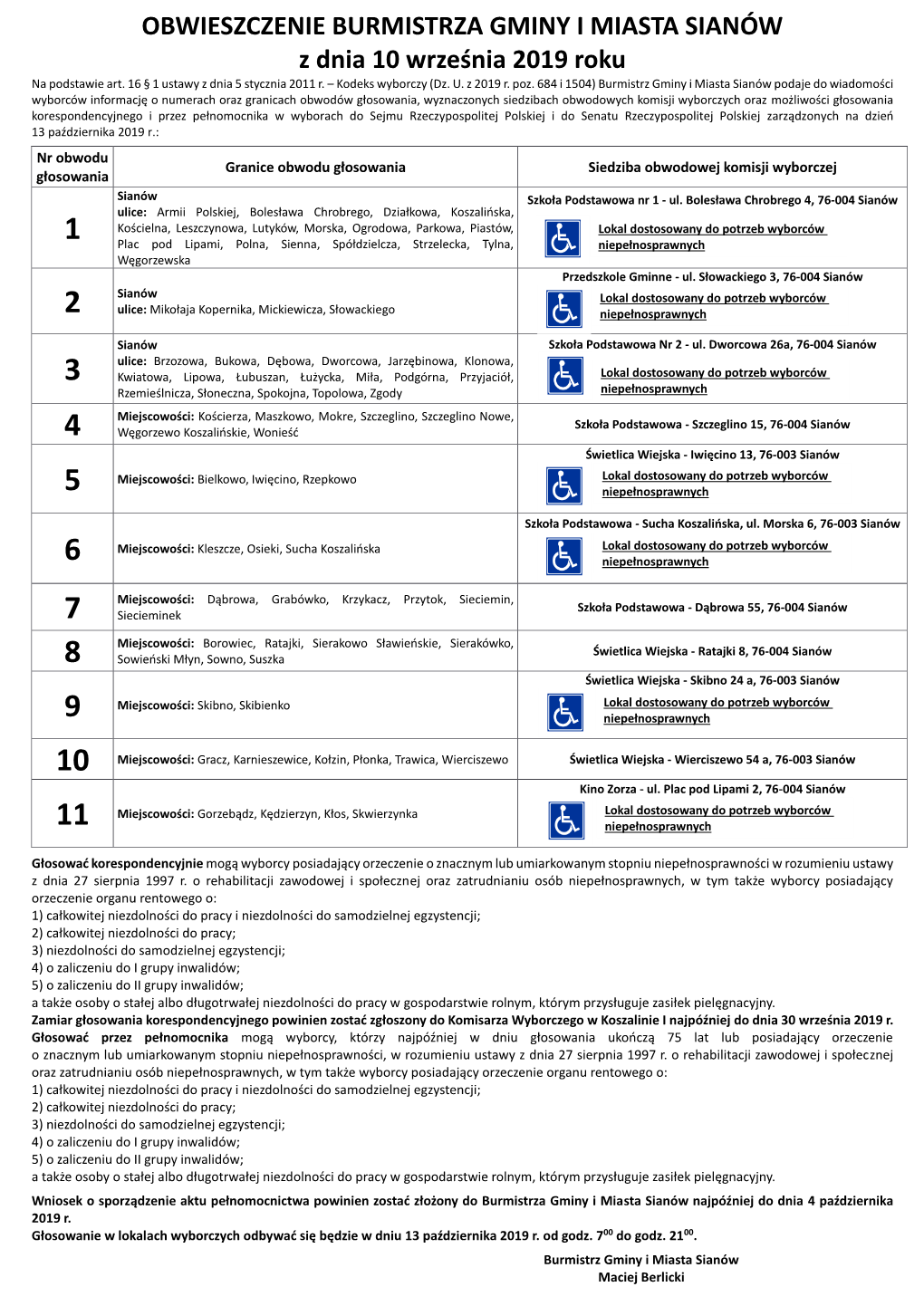 OBWIESZCZENIE BURMISTRZA GMINY I MIASTA SIANÓW Z Dnia 10 Września 2019 Roku Na Podstawie Art