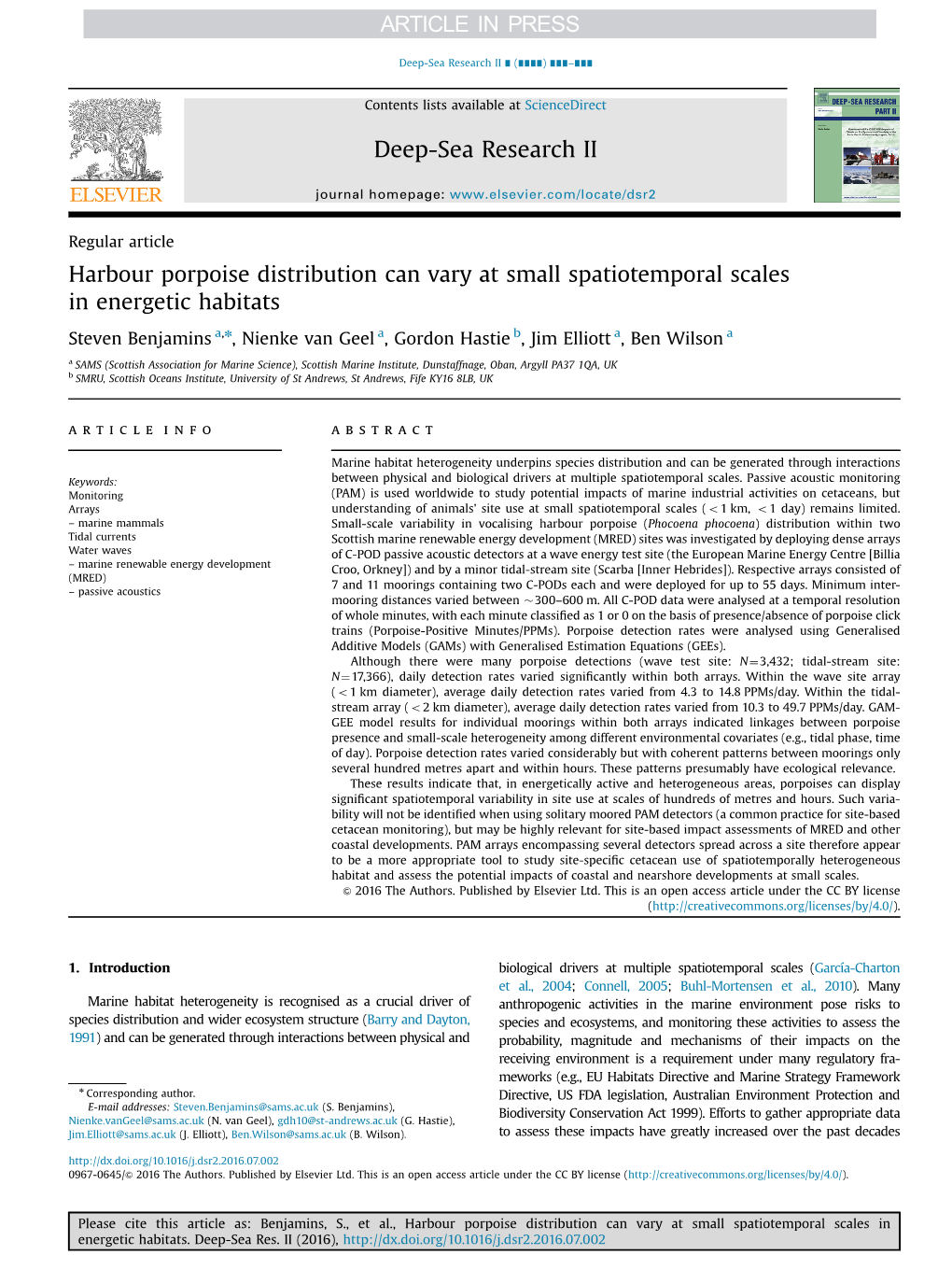 Harbour Porpoise Distribution Can Vary at Small Spatiotemporal Scales in Energetic Habitats