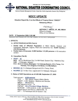NDCC Sitrep No. 5 on the Effects of TS Ondoy As of Sept. 27, 2009