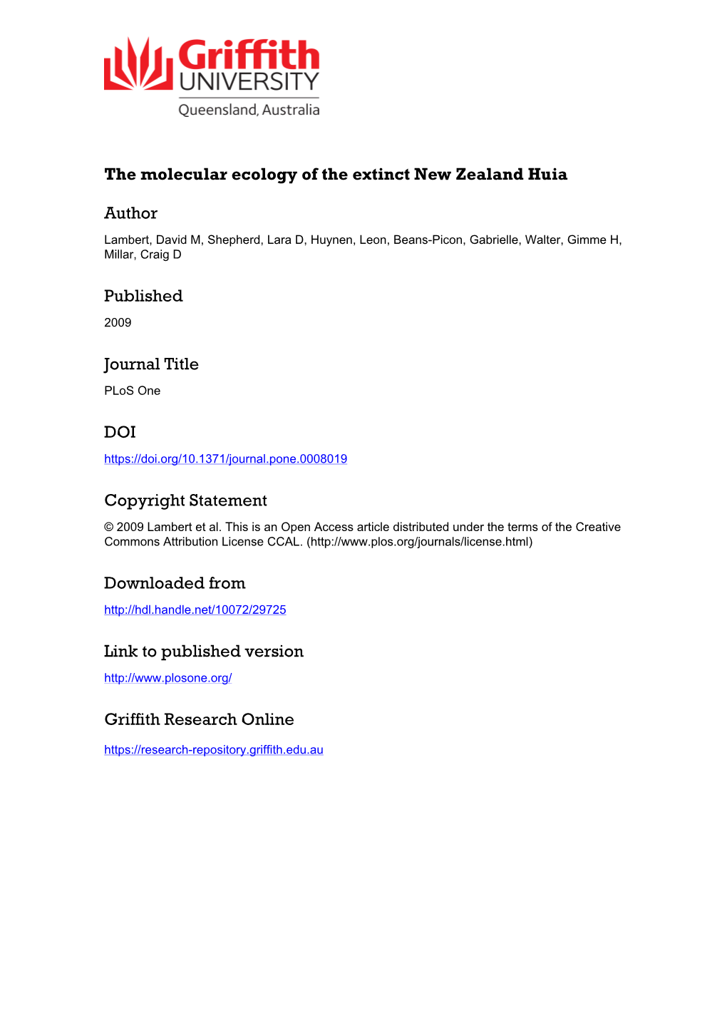 The Molecular Ecology of the Extinct New Zealand Huia