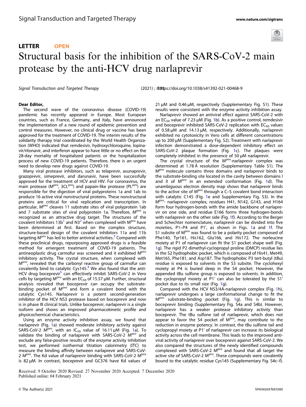 Structural Basis for the Inhibition of the SARS-Cov-2 Main Protease by the Anti-HCV Drug Narlaprevir