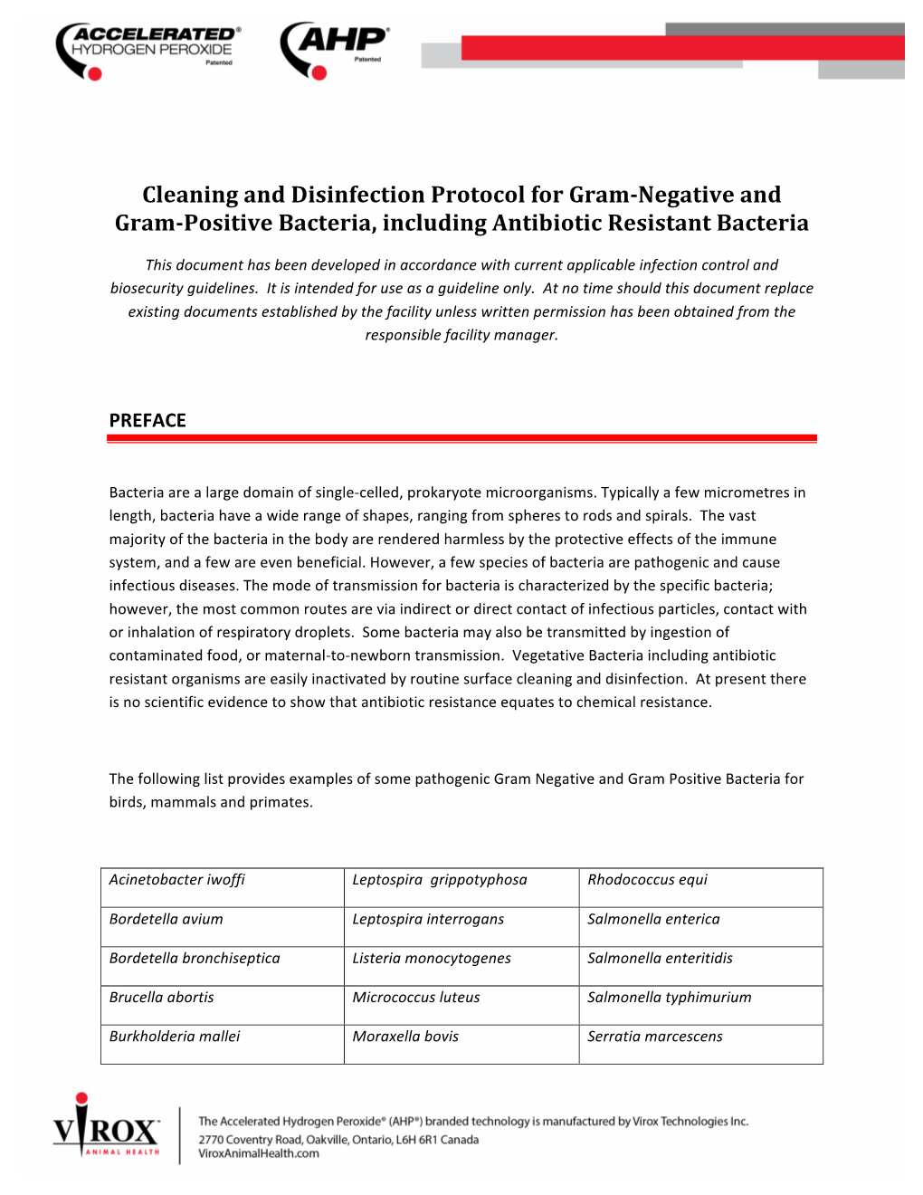 Cleaning and Disinfection Protocol for Gram-Negative and Gram-Positive Bacteria, Including Antibiotic Resistant Bacteria